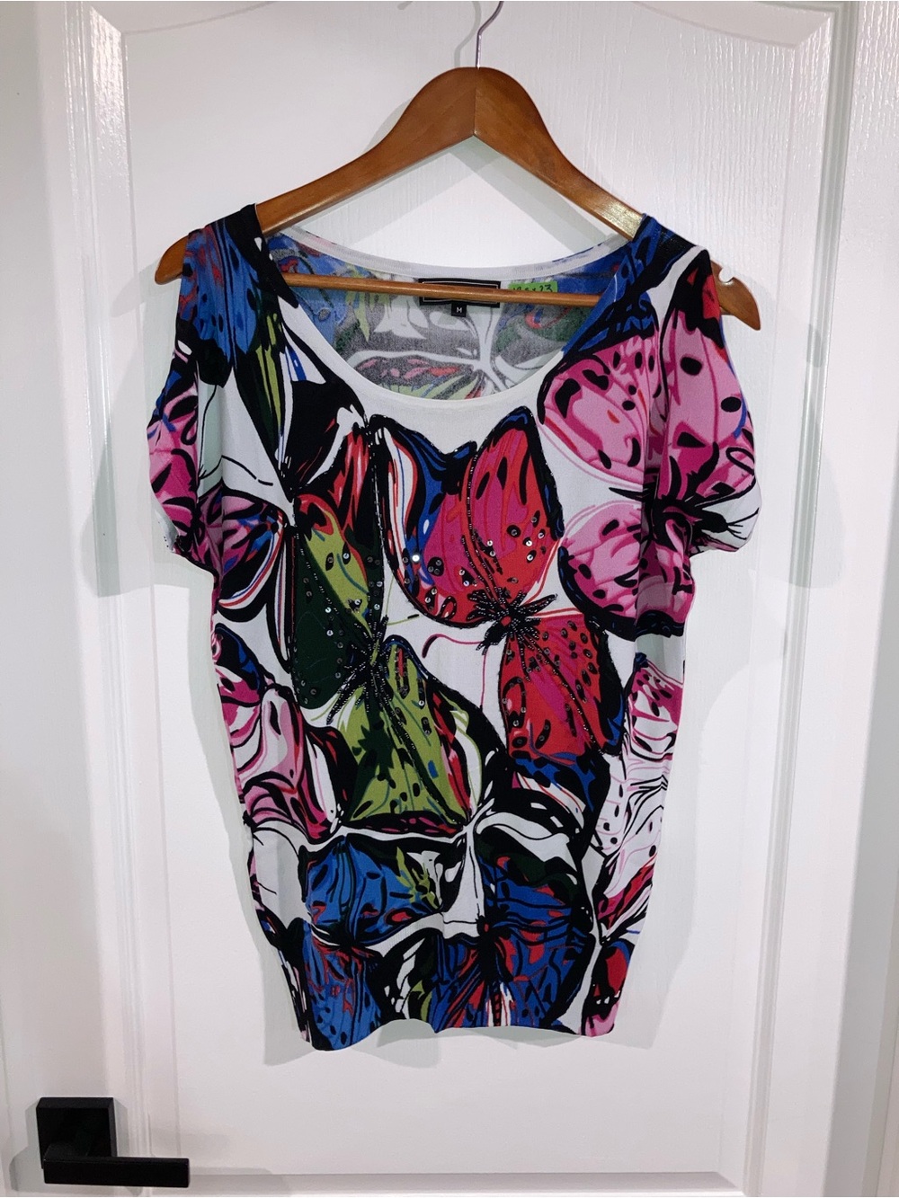 Minkas Multicolor Butterfly Embellished Cold Shoulder Top - size M